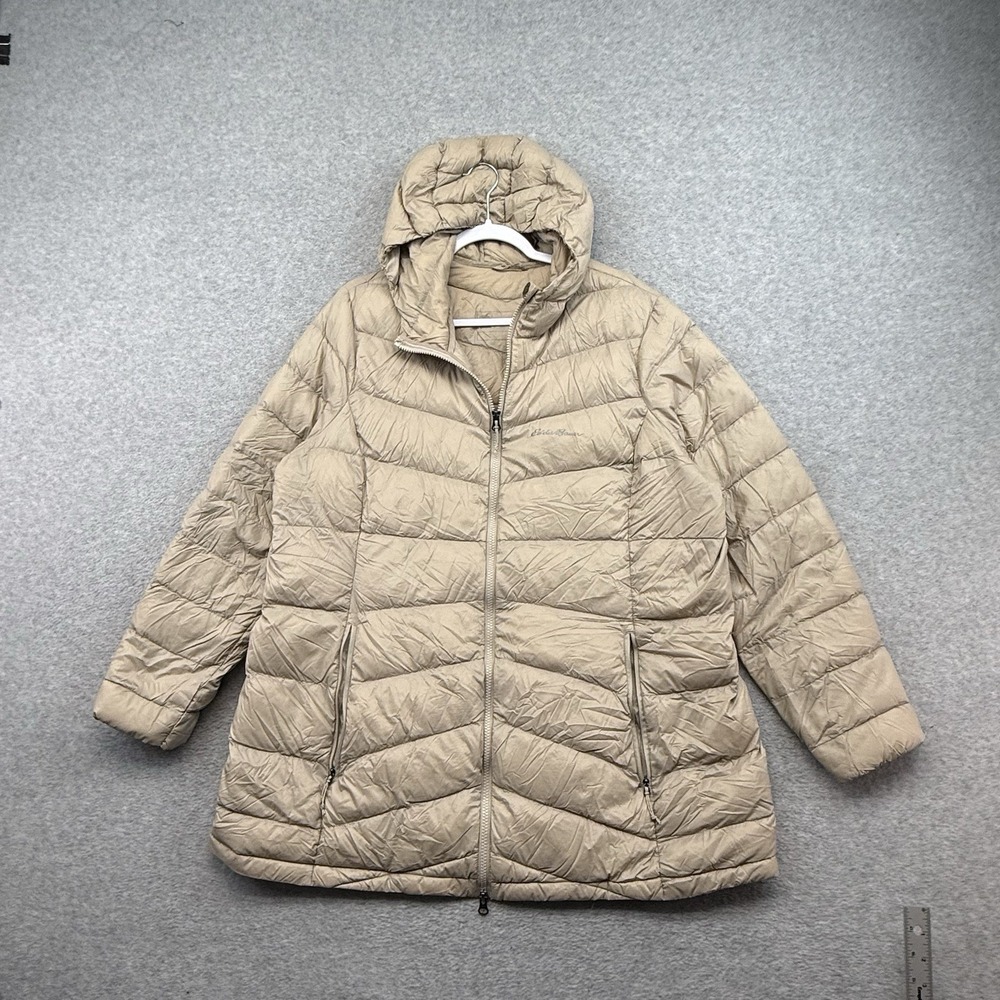 Eddie Bauer EB650 Down Puffer Jacket Women's Size XXL Beige Khaki‎ Brown Long